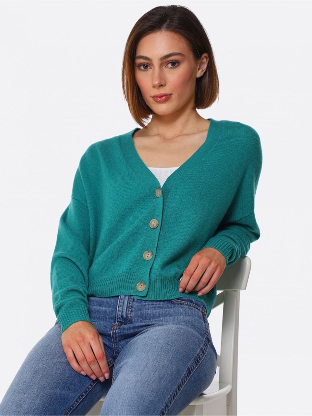 Notshy Cruise 100% Cashmere Teal V-Neck Cardigan Sweater L